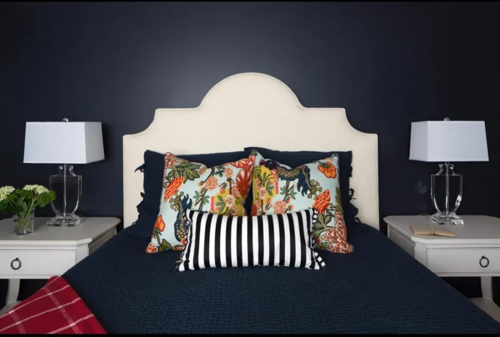 Elegant Navy Bedroom with Bold Floral Accents