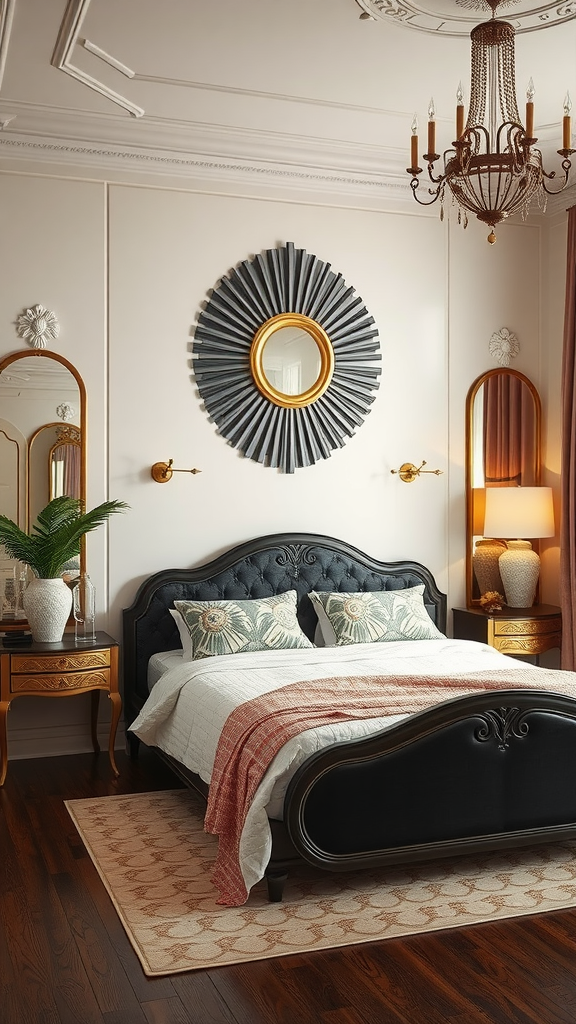 An Art Deco bedroom featuring sculptural decor elements, including a round mirror, elegant bed, and stylish accessories.