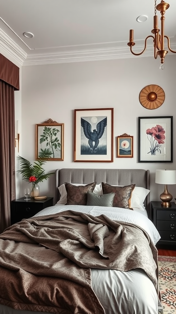 Art Deco inspired bedroom with elegant artwork and stylish decor