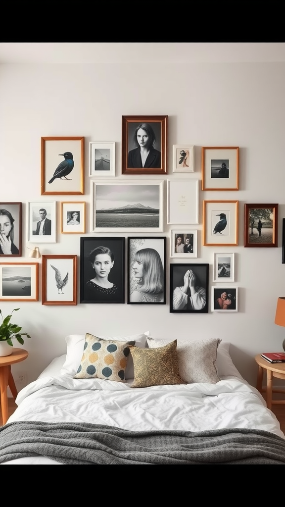 A cozy bedroom featuring a gallery wall with various framed artworks and photos.