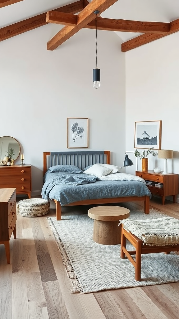 A cozy Scandinavian bedroom featuring artisan craft furniture, including a wooden bed, round coffee table, and woven accent chair.