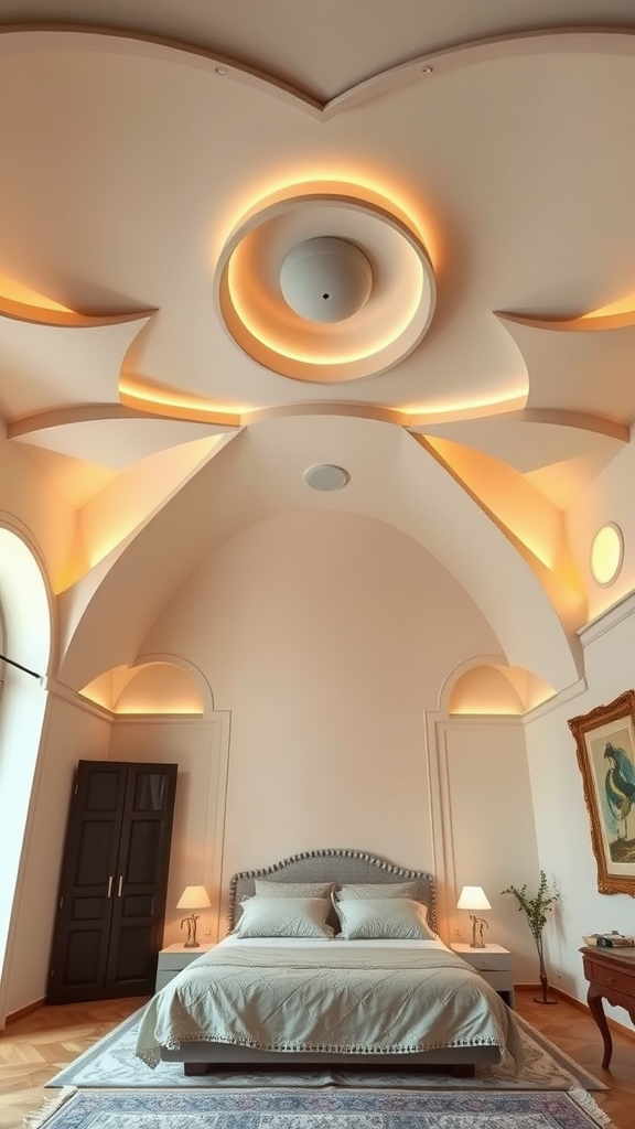 A modern Italian bedroom with an artistic ceiling design featuring soft curves and warm lighting.