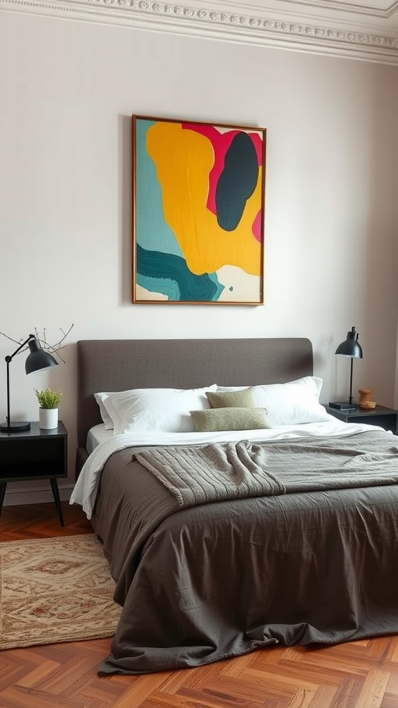 A modern bedroom featuring a large abstract painting with bright colors above the bed.