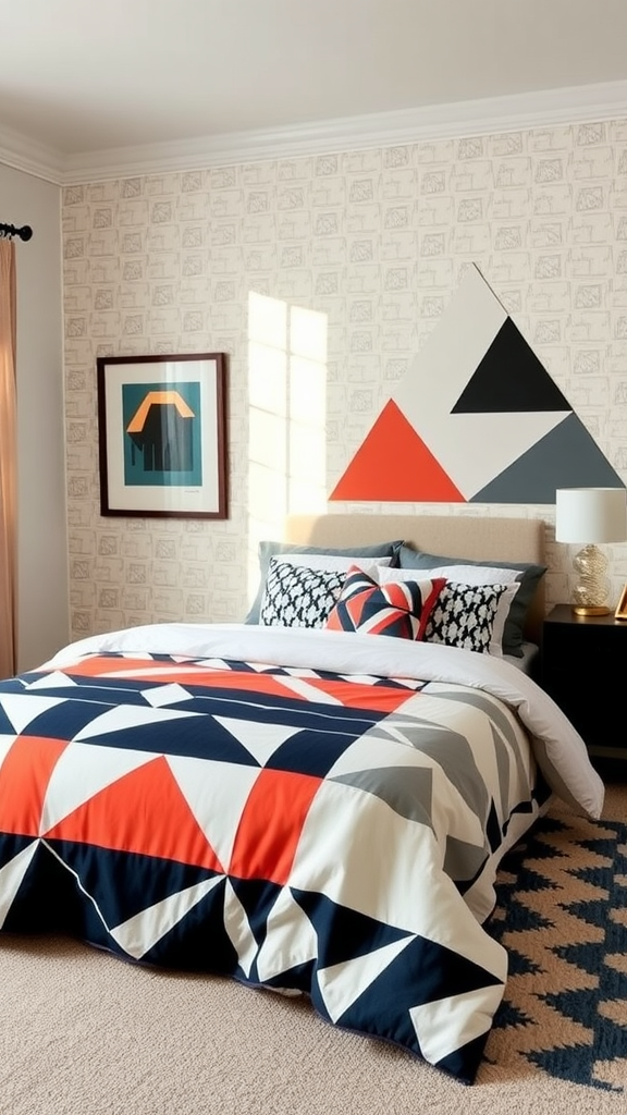 An Art Deco bedroom featuring bold geometric patterns in the bedding and wall art.