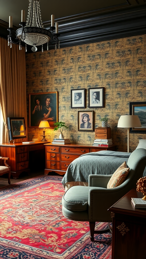 Art Deco styled bedroom with wooden furniture, vintage wallpaper, and a chandelier