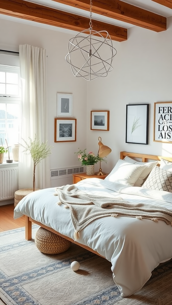 A cozy Scandinavian-style bedroom featuring natural elements and soft textiles.