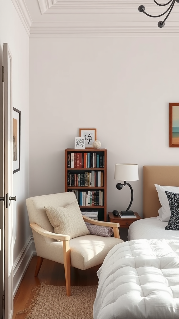 Cozy reading nook in a modern Italian bedroom featuring a soft chair and a bookshelf.