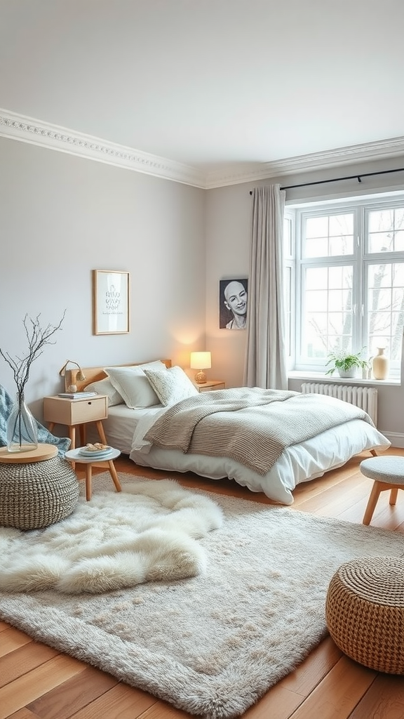 A cozy Scandinavian bedroom featuring a large, fluffy rug, soft bedding, and warm wooden accents.