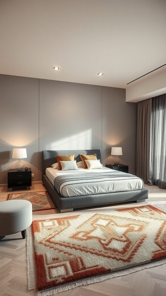 A modern Italian bedroom featuring a stylish area rug with intricate patterns, a cozy bed, and contemporary furnishings.