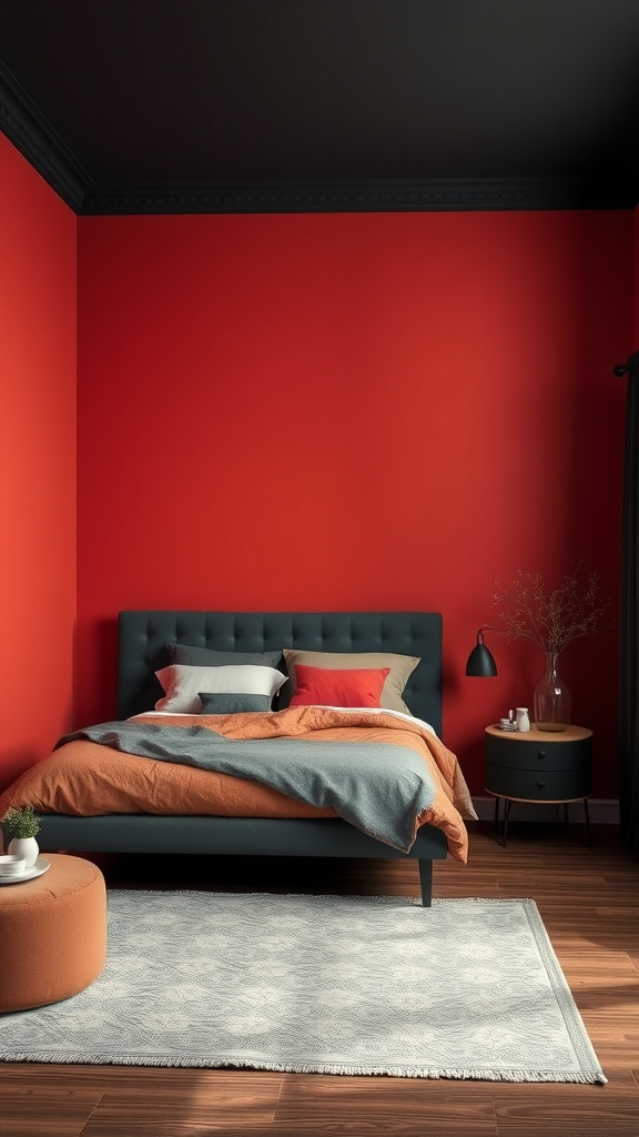 A modern eclectic bedroom with bright red walls, a black ceiling, and a cozy bed featuring gray and orange bedding.