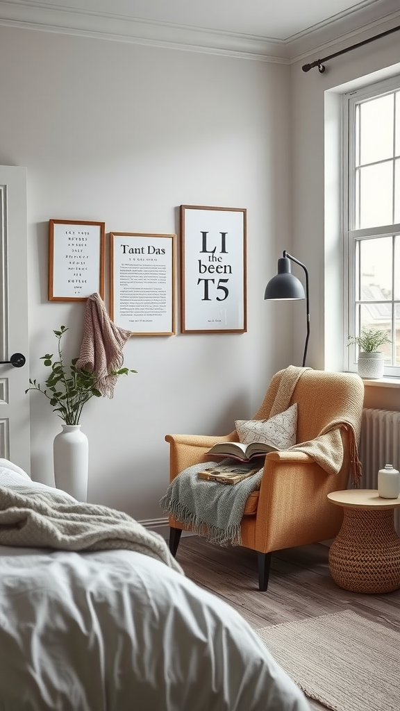 A cozy reading nook with an orange chair, throw blankets, and framed art on the wall.