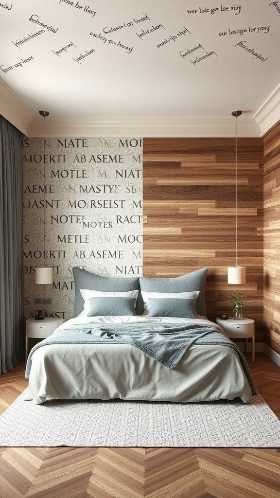 A modern Italian bedroom featuring wooden walls and a patterned wall treatment with creative text on the ceiling.