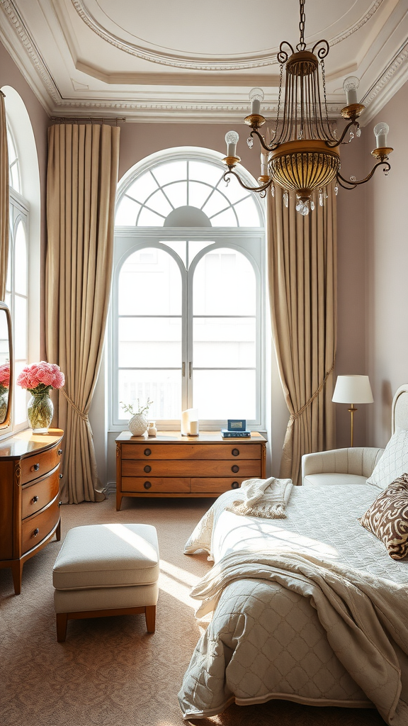 An elegant Art Deco bedroom featuring curved furniture designs with a soft color palette.