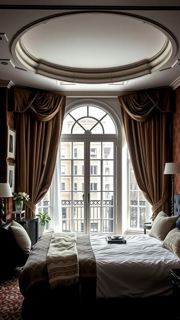 A beautifully designed bedroom featuring dramatic window treatments with rich curtains framing large arched windows.