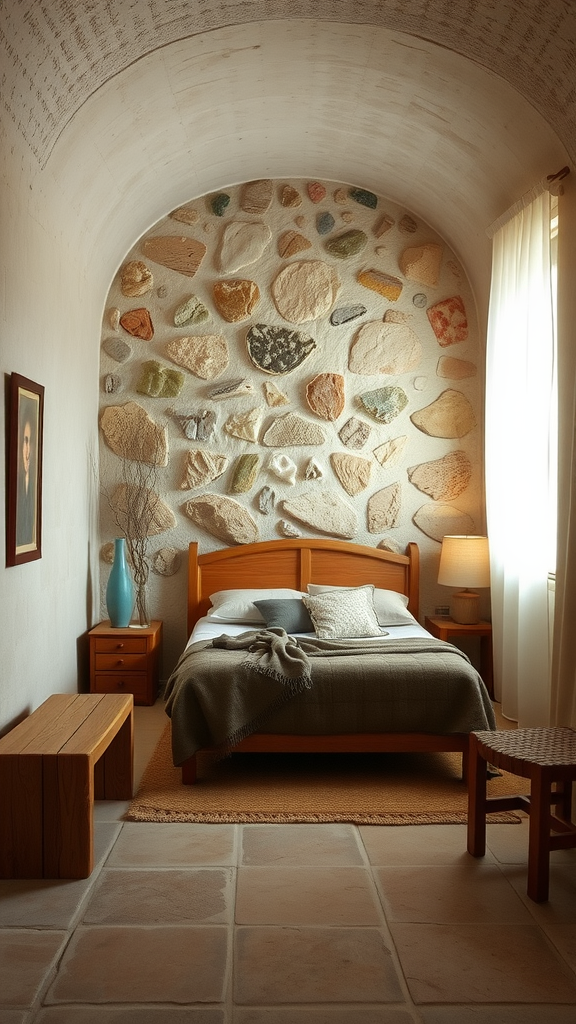 Cozy bedroom with stone wall, wooden furniture, and neutral tones