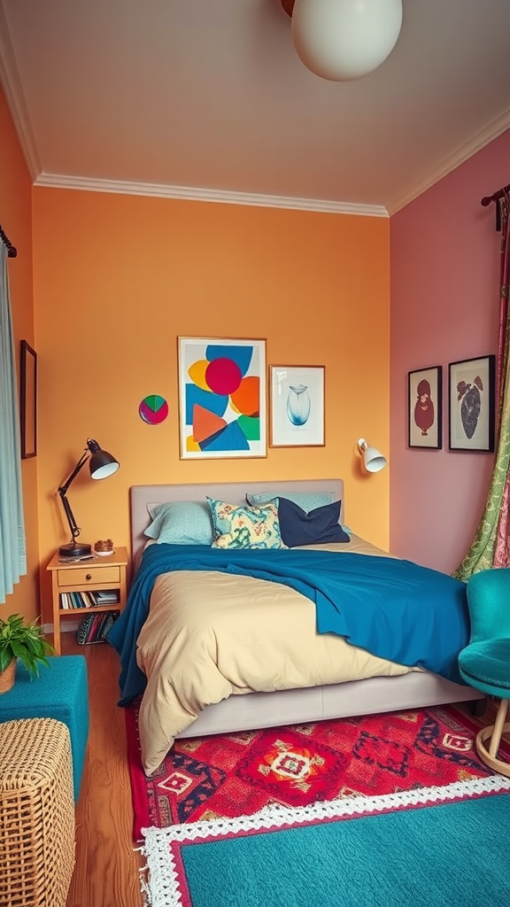 An eclectic bedroom featuring a mix of vibrant colors and patterns.