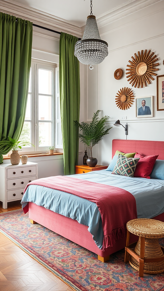 A modern Italian bedroom with vibrant green curtains, a pink bed, decorative pillows, and eclectic wall accents.