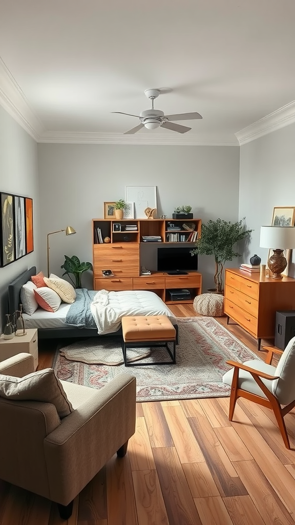 A well-arranged eclectic bedroom featuring a bed with colorful pillows, an armchair, and wooden furniture.