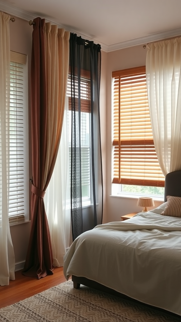 A cozy bedroom with a mix of sheer drapes and wooden blinds, featuring different curtain colors and textures.