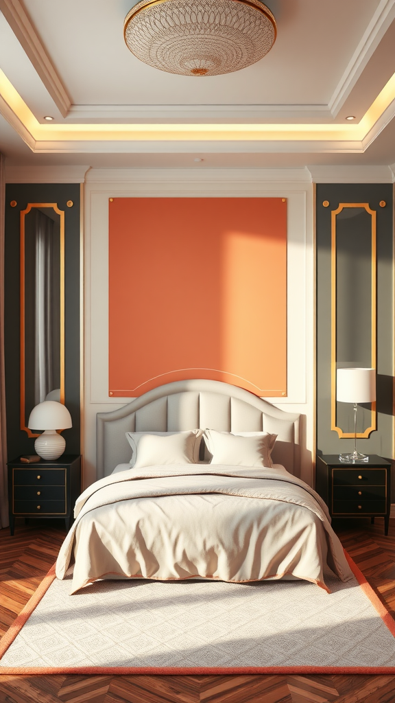 A stylish bedroom featuring color-blocked walls with an orange section framed by dark accents, a plush bed, and elegant lighting.
