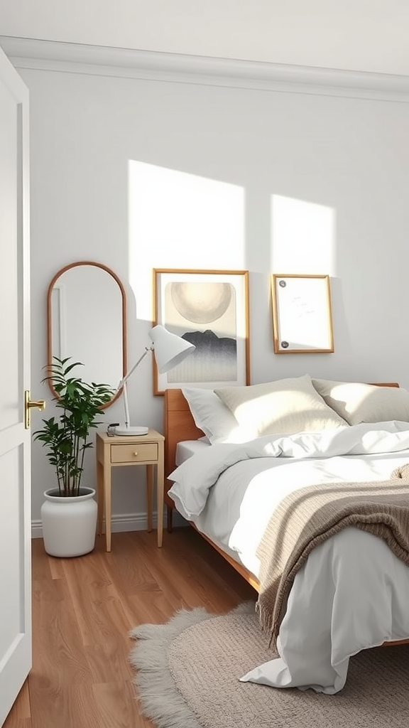 A well-decorated Scandinavian bedroom featuring a mirror, a bed with white linens, and a stylish plant.