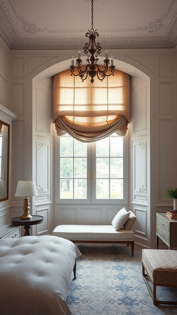 A well-decorated bedroom with elegant window treatments, a chandelier, and a cozy seating area.