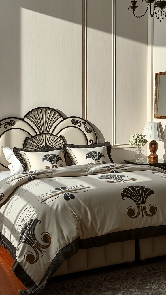 A beautifully styled Art Deco bedroom featuring intricate bedding and a decorative headboard.