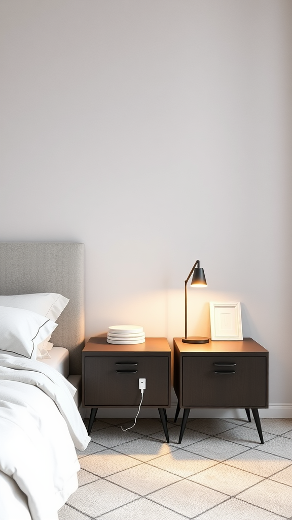 Modern nightstands in a sleek Italian bedroom with a lamp and decorative items.