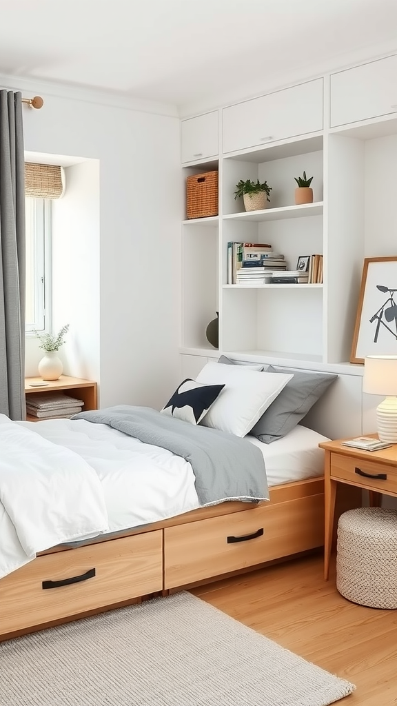 A cozy Scandinavian-style bedroom featuring a bed with storage drawers, wall shelves, and decorative plants.
