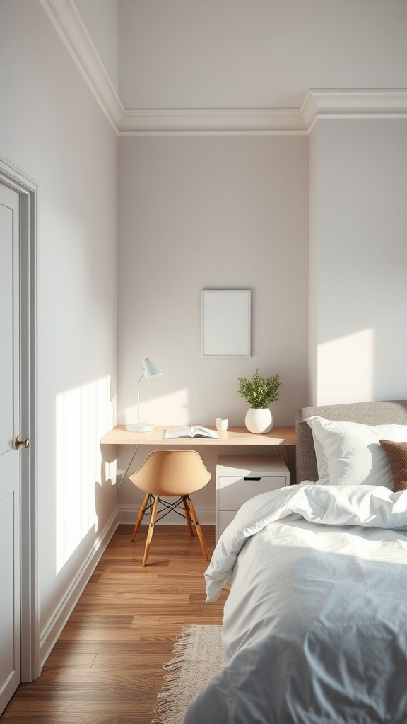 A bright Scandinavian-style bedroom with a cozy workspace featuring a desk and chair.