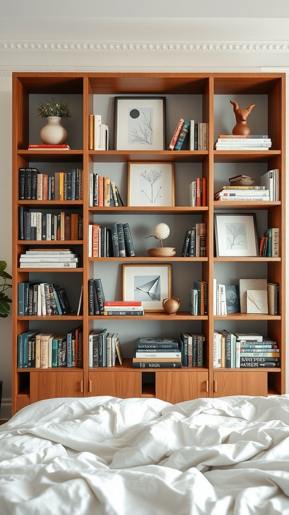 A wooden bookshelf filled with books, decorative items, and framed art, viewed from a cozy bedroom with a white bedspread.