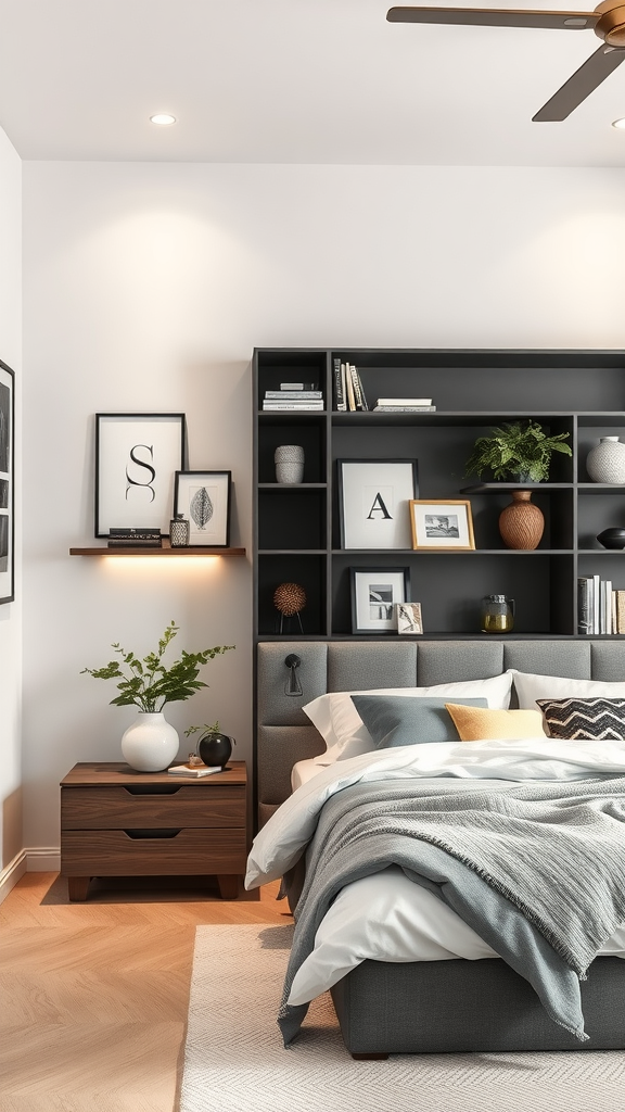 A stylish Art Deco inspired bedroom with functional shelving and a bedside table.