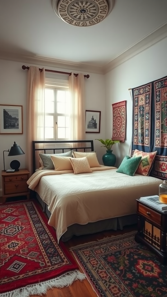 Cozy eclectic bedroom featuring global textiles and decor with layered rugs, wall hangings, and colorful pillows.