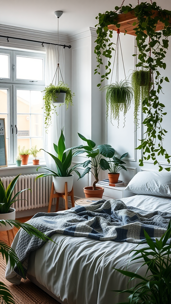 A cozy Scandinavian bedroom with various indoor plants, including hanging planters and potted plants.