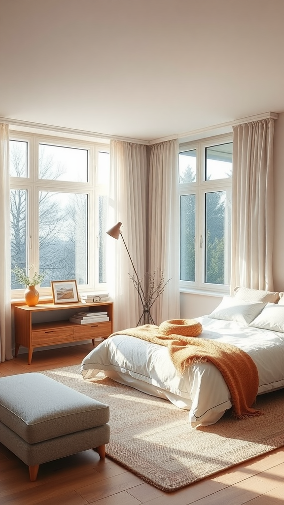 Bright Scandinavian bedroom with large windows and soft curtain drapes