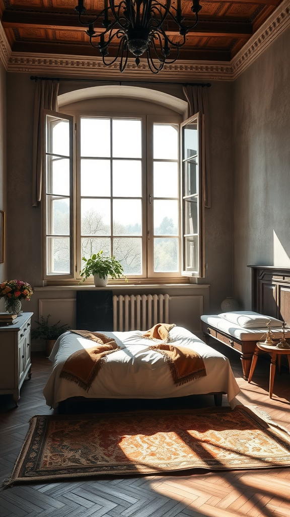 Bright Italian bedroom with large windows and warm sunlight