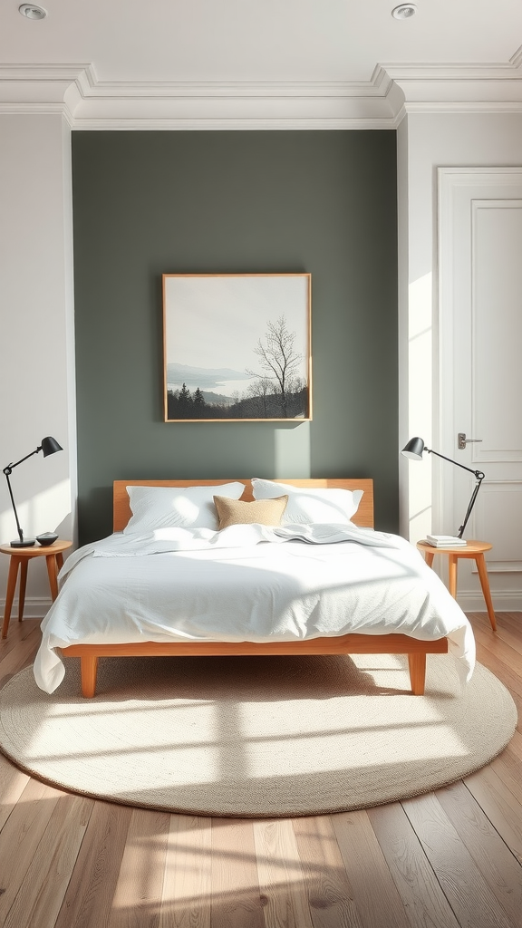 A Scandinavian-style bedroom featuring a wooden bed, a green accent wall, and a landscape artwork.