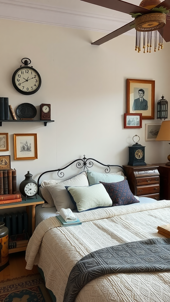 A cozy eclectic bedroom featuring vintage accessories, including a wall clock, framed pictures, and layered bedding.