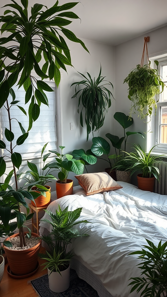Cozy bedroom filled with various indoor plants around a neatly made bed.