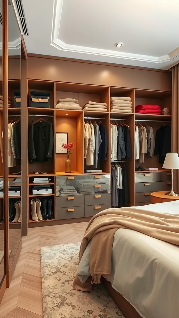 A sleek modern closet design in an Italian bedroom with organized clothing and accessories.
