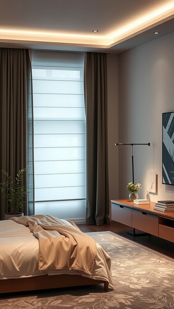 A stylish bedroom featuring modern design elements and integrated technology.