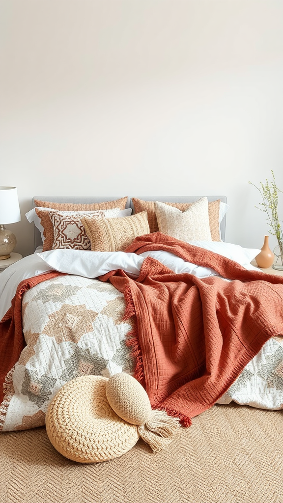 A cozy, layered bedding setup featuring a mix of textures and warm colors.