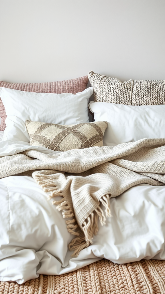 A beautifully layered bed with different textures and pillows, showcasing Scandinavian design.