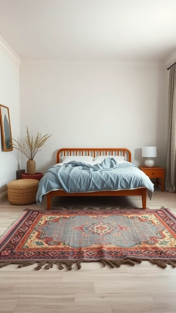 A cozy bedroom featuring a layered rug beneath a wooden bed, adding depth and style to the space.