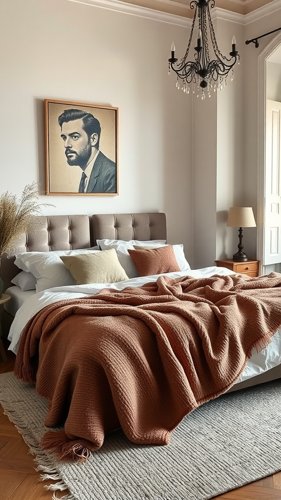 A cozy modern Italian bedroom featuring layered textures with a warm blanket, soft pillows, a woven rug, and elegant lighting.