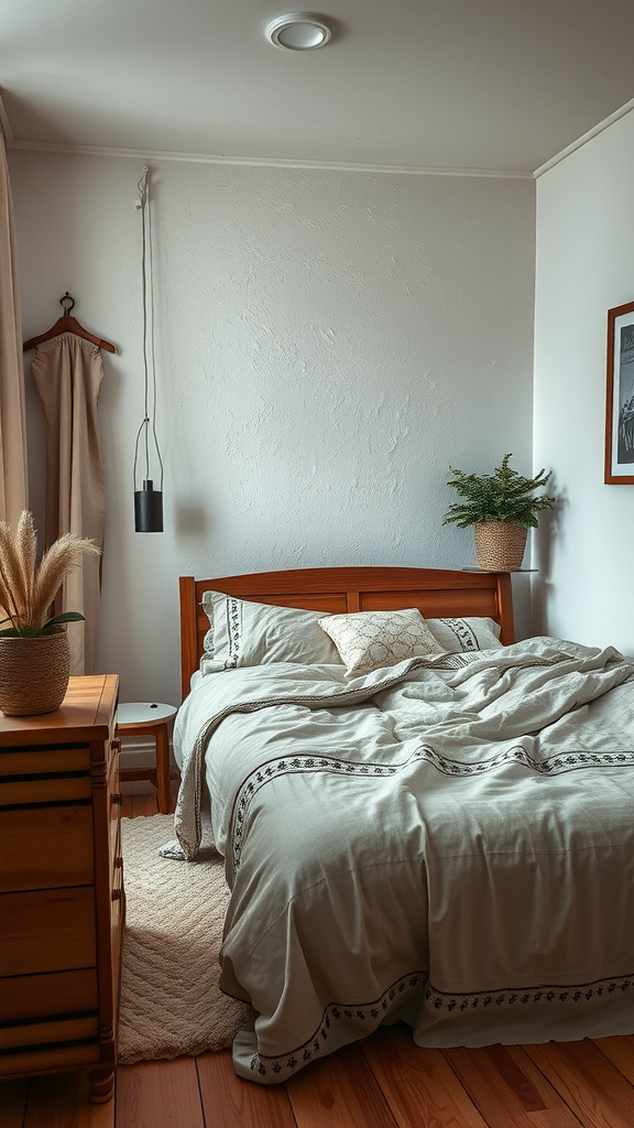 Art Deco inspired bedroom with layered textures, featuring a wooden bed, soft linens, and natural decor elements.