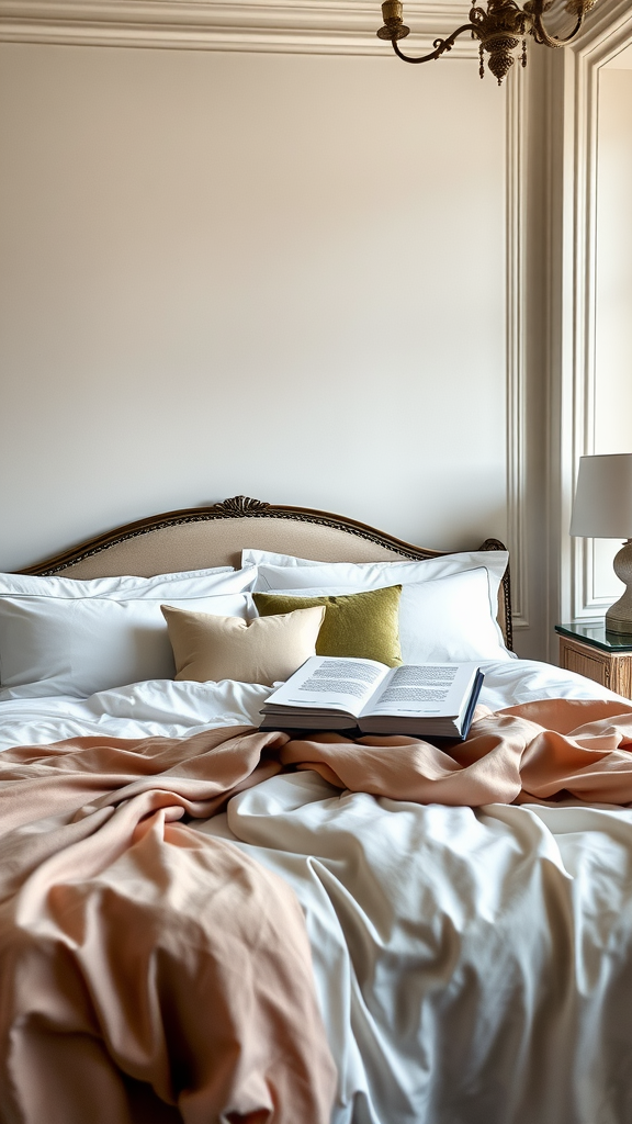 Luxurious bedding in a sleek modern Italian bedroom featuring white sheets, decorative pillows, and an open book.