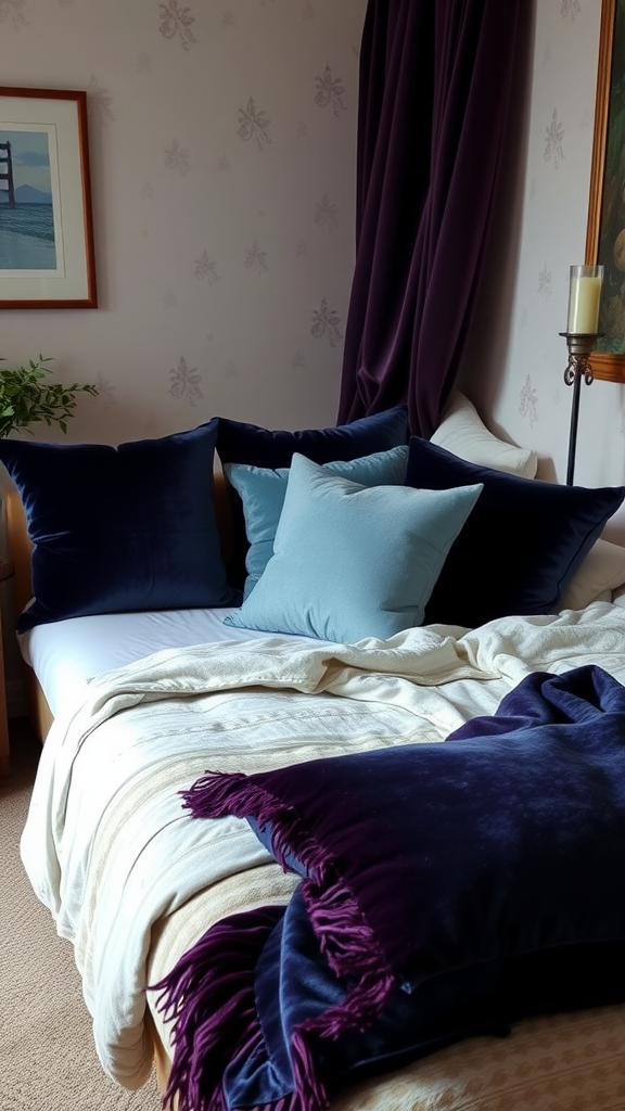 A cozy bedroom featuring luxurious velvet pillows in deep blue and purple, with a soft throw blanket.