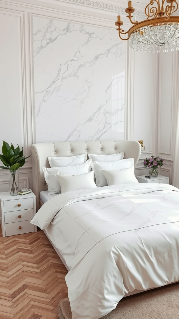 A modern bedroom featuring marble wall decor, a plush bed with white bedding, and a crystal chandelier.