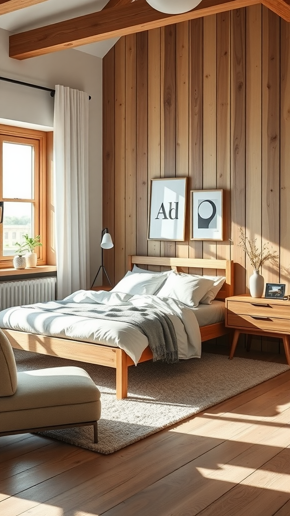A cozy Scandinavian bedroom featuring minimalist furniture, wooden walls, and soft natural light.
